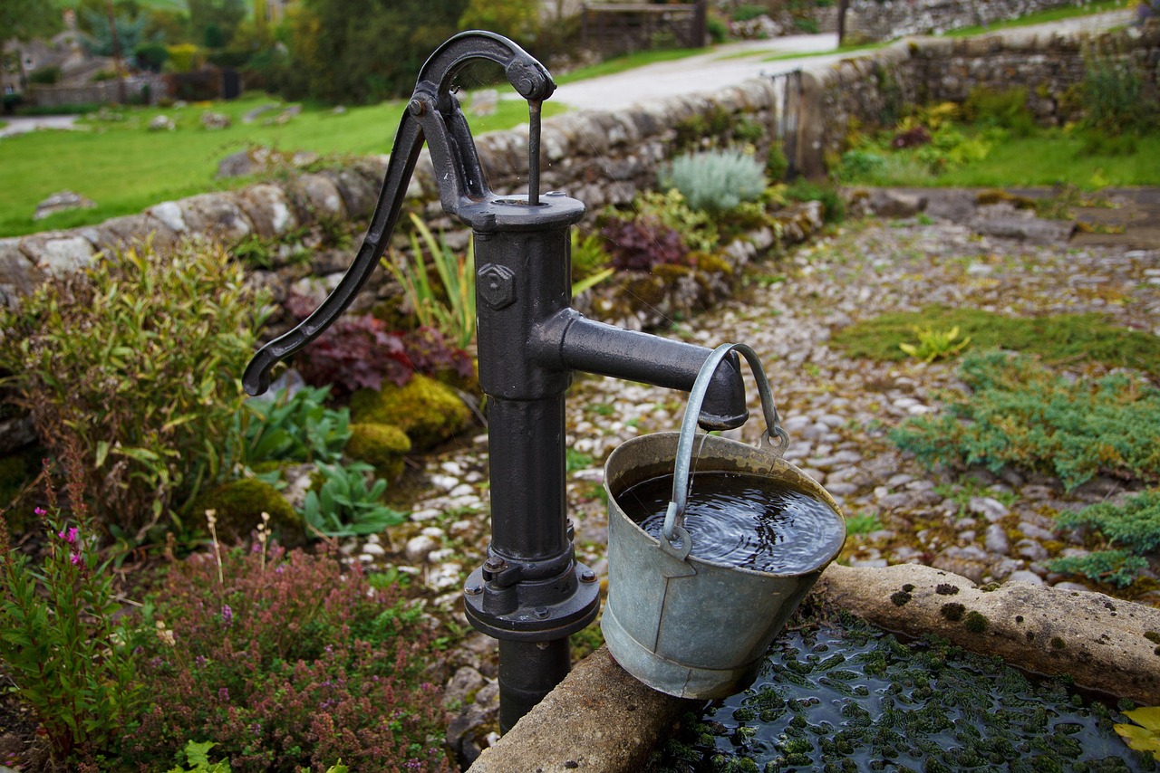 A classic cast iron well hand pump with a bucket of clear water, representing a private well water source