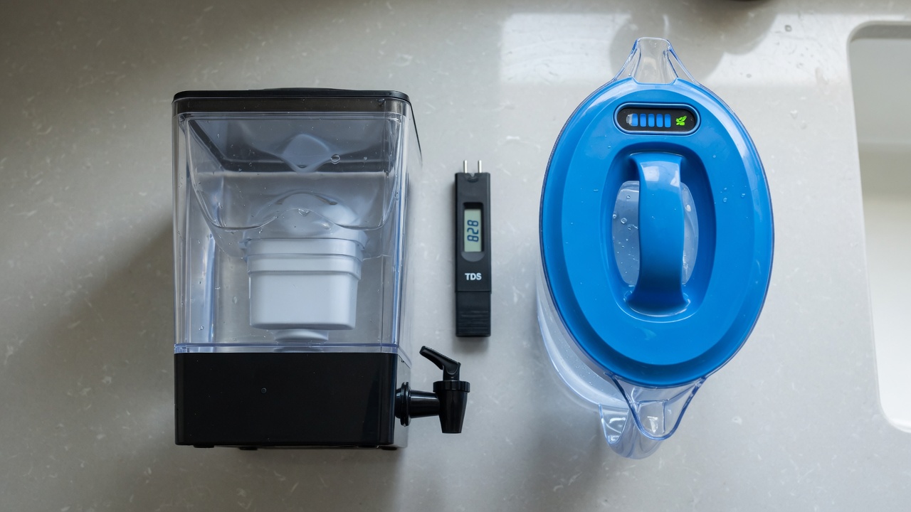 Two water filter pitchers side by side on a kitchen counter